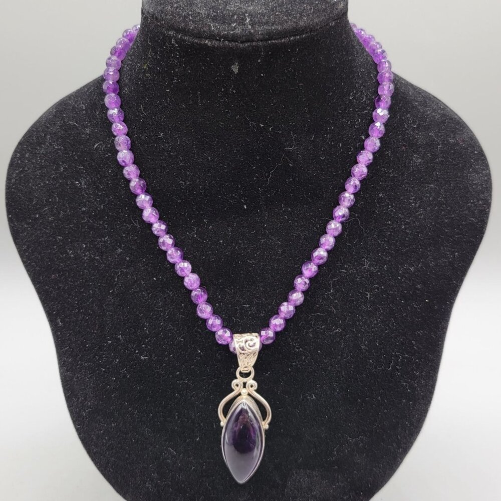 Amethyst Faceted Bead Necklace Sterling Silver Amethyst Pendant